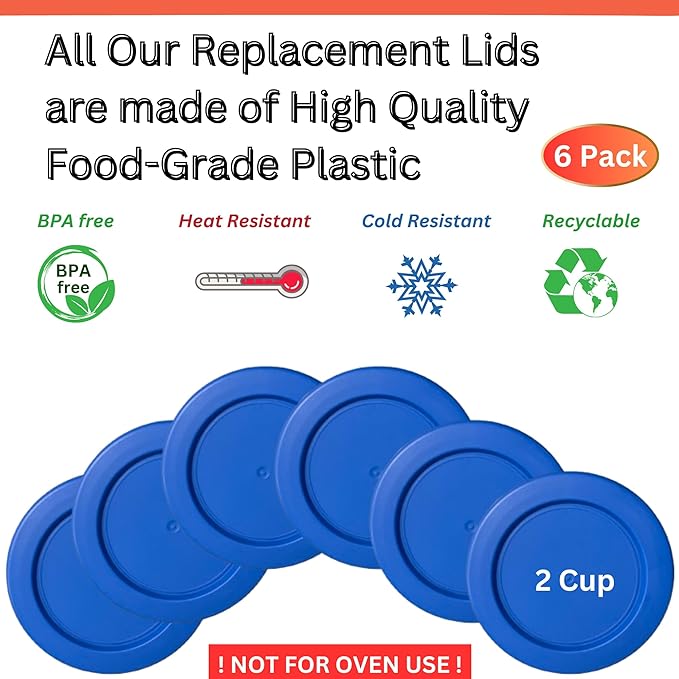 2 Cup/470 mL Blue Replacement Lids/Covers for Pyrex 7200-PC, 2 Cup/16oz Anchor Hocking & Klare Ware Storage Bowls *Lids Only* - *Glass Container Not Included* (6 Pack, Blue)