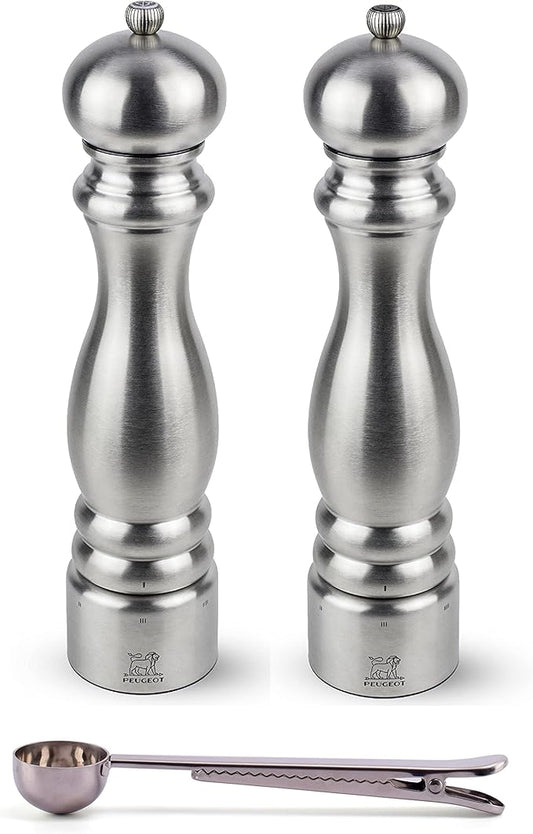 Peugeot Paris u'Select 6 Setting Manual Stainless Steel Salt & Pepper Mill Set With Stainless Steel Spice Scoop Made In France (12- Inch)