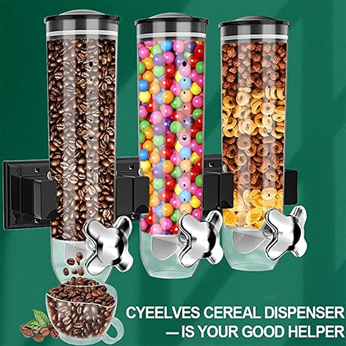 Triple Food Dispenser Wall Mounted Cereal Dispenser, Grains Dispenser Wall Mounted Dry Food Dispenser with 3 Cup, Candy Dispenser Snack Container for Kitchen Store Nut Coffee Beans 4.5L