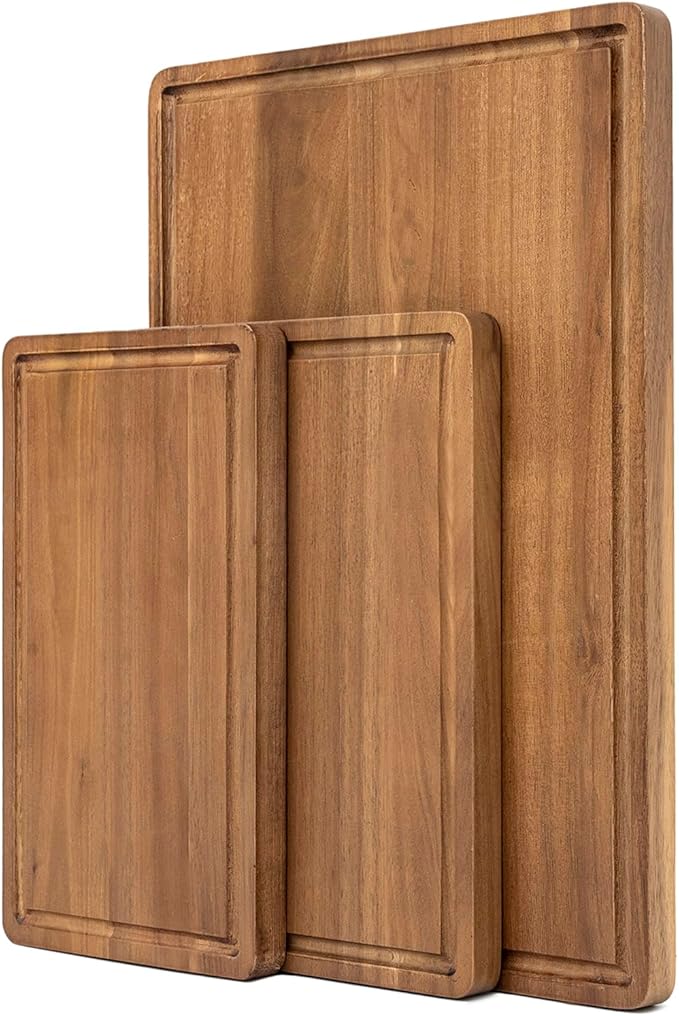 KOLWOVEN Wood Cutting Boards for Kitchen - Set of 3, Wooden Cutting Board Set with Holder for Chopping Meat, Cheese, Fruits, Vegetables, Knife Friendly Serving Tray