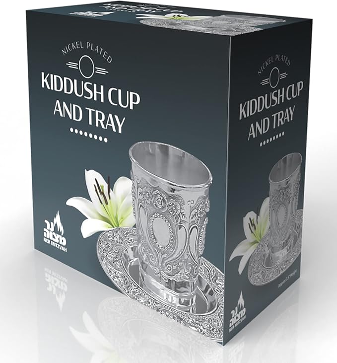 Ner Mitzvah Kiddush Cup and Tray - Premium Quality Nickel Plated Wine Cup - For Shabbat and Havdalah - Judaica Shabbos and Holiday Gift
