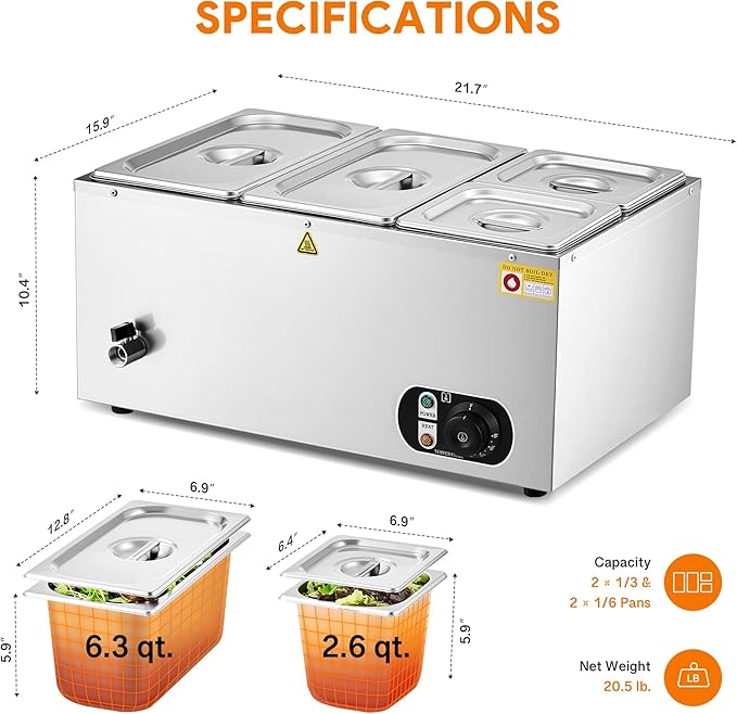 WILPREP Single-Well Commercial Food Warmer with Two 1/3 Two 1/6 Pans, Electric Warmer for Food with Adjustable Temp & Auto Shutoff, Stainless Steel Food Heating Unit for Buffet Food Truck Hotel More