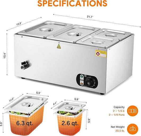 WILPREP Single-Well Commercial Food Warmer with Two 1/3 Two 1/6 Pans, Electric Warmer for Food with Adjustable Temp & Auto Shutoff, Stainless Steel Food Heating Unit for Buffet Food Truck Hotel More