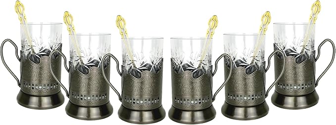 WORLD GIFTS 18 Piece Russian Tea Set Crystal Tempered Hot Tea Glasses with Metal Glass Holders Podstakannik w/Teaspoon - Vintage Design Drinkware