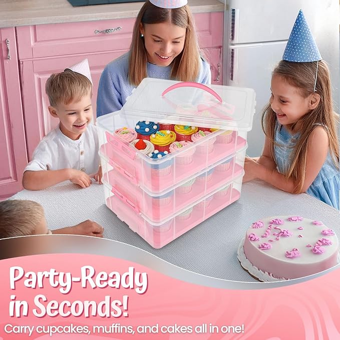Flexzion 36 Cupcake Carrier 3 Tier Stackable Storage Container Collapsible Cake Carrier with Lid and Handle, Reusable Rectangular Plastic Dessert Travel Container, Display Holder Transport Box (Pink)