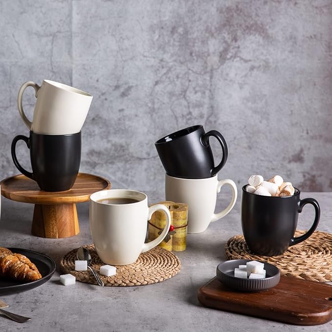 AmorArc 16oz Coffee Mugs Set of 6, Large Ceramic Coffee Mugs for Men Women Dad Mom, Modern Coffee Mugs with handle for Tea/Latte/Cappuccino/Cocoa. Dishwasher&Microwave Safe, Matte Black