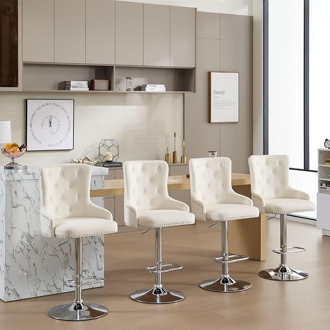 Velvet Lion Bar Stools Set of 4, Modern Height Adjustable Swivel Barstools with Chrome Base, Tufted Counter Height Bar Stools Upholstered Bar Chairs for Kitchen Island, Dining Room, Beige