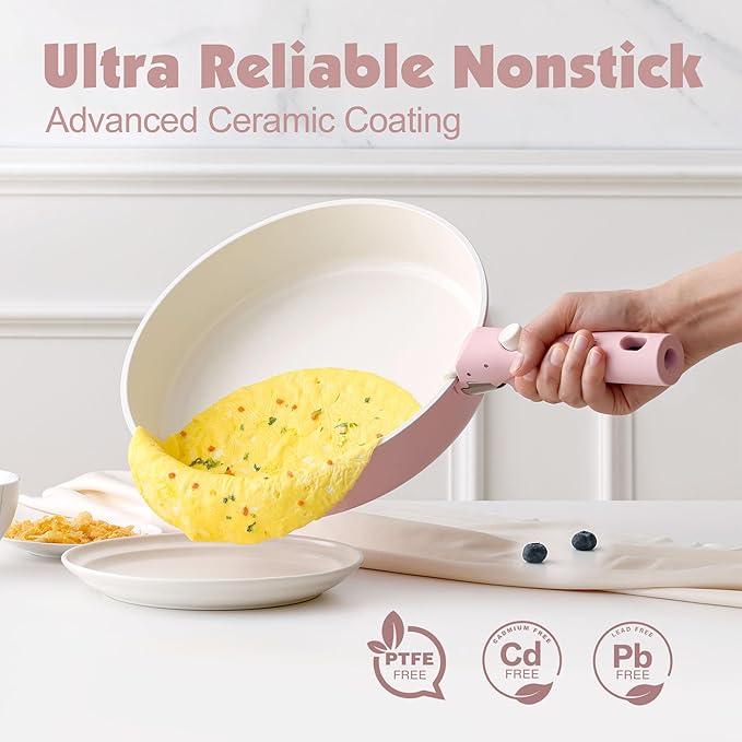 SENSARTE 17 Piece Ceramic Pots and Pans Set, Nonstick Detachable Handle Cookware, Induction Kitchen Cookware Set with Removable Handle, Dishwasher & Oven Safe (Pink)