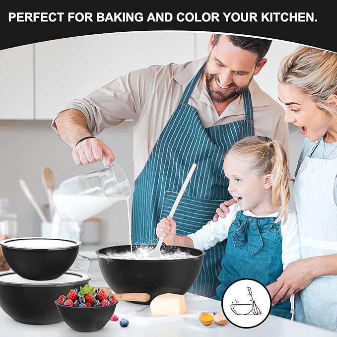 6-Piece Plastic Mixing Bowl Set with Lids for Kitchen, Nesting Storage Bowls for Baking, Prepping,Cooking and Serving Food, Dishwasher, Microwave Safe,Great for Mixing & Serving(6 Set-Black)