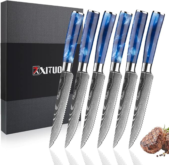 Serrated Steak Knife Set - 6pcs Premium 4.5 inch Kitchen Cutting Steak Knives, German Stainless Steel KnifeTable Dinner Knife with Blue Resin Handle for Home Restaurant, Gift Box