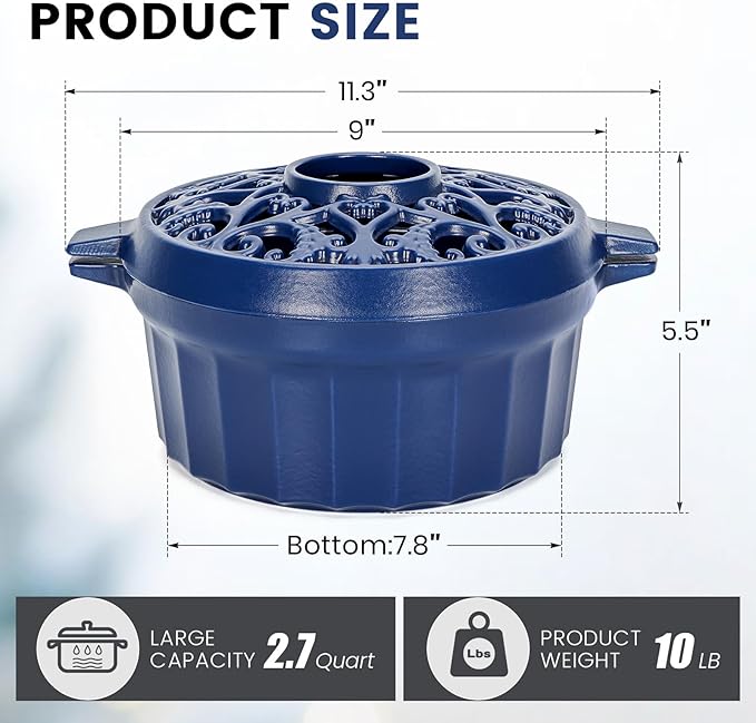Wood Stove Steamer - Rust Resistant Cast Iron Humidifier Pot with Three-Layer Porcelain Coating for Woodstove, Indoor Fireplace Steamer for Dry Winter, Decorative, 2.7 Quart-Blue