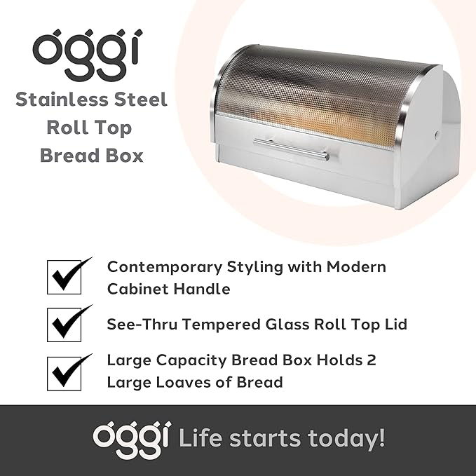 Oggi Stainless Steel Roll Top Bread Box for Kitchen Countertop with Tempered Glass Lid - Fits Multiple Large Loaves of Bread and Other Freshly Baked Goods Including Cookies, Bagels, Muffins