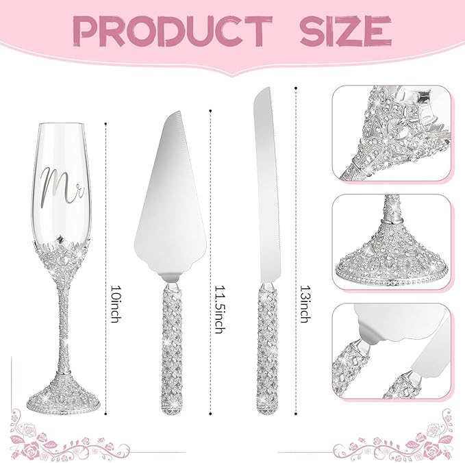4-Piece Wedding Cake Knife and Champagne Flutes Set, Crystal Rhinestone Glasses and Cake Cutting Server for Bride and Groom Wedding Reception or Anniversary (Gold, Elegant Design) (Silver)