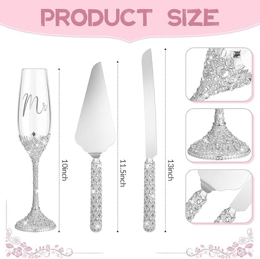 4-Piece Wedding Cake Knife and Champagne Flutes Set, Crystal Rhinestone Glasses and Cake Cutting Server for Bride and Groom Wedding Reception or Anniversary (Gold, Elegant Design) (Silver)