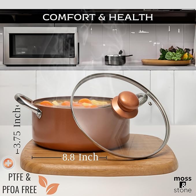 Moss & Stone 7 Pcs Copper Chef Cookware Non Stick Deep Frying Pan 9.5" x 3.5", Fry Basket, Dishwasher & Oven Safe, 5 Qt Deep Square Pot, Non Stick Pan & Round Pot, Induction Copper Cookware Set