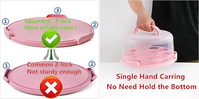 Portable Cake Carrier with Handle, Round Cupcake Holder with Lid, Plastic Storage Container Box fit 10 inch Cake, 3-Locking Muffin and Pies Keeper with Cover (Pink)