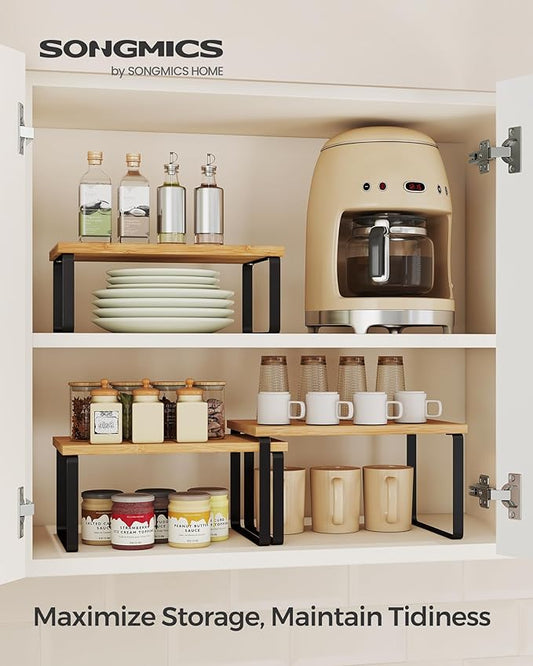 SONGMICS Cabinet Organizer Shelf, Set of 3 Kitchen Counter Shelves, Kitchen Storage, Spice Rack, Stackable, Expandable, Ink Black and Natural Beige UKCS014YL03