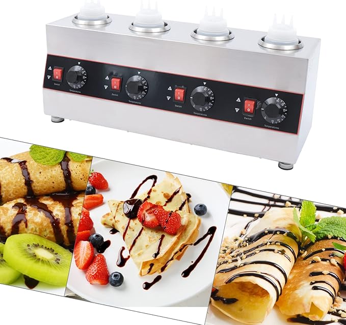 Electric Nacho Cheese Warmer Machine 4 Pot Commercial Hot Fudge Dispenser Stainless Steel Hot Chocolate Dispenser with 4 Sauce Squeeze Bottles for Cheese Caramel Jam Ketchup 640W (4 Pot)