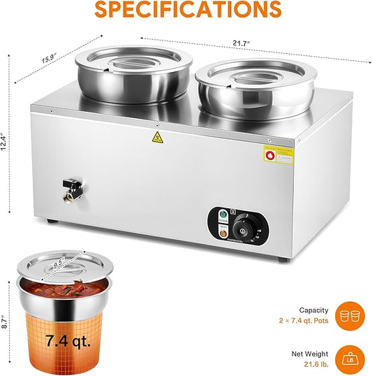 WILPREP Single-Well Commercial Food Warmer with Two 7.4 qt. Inset Pots, Electric Warmer for Food with Adjustable Temp & Auto Shutoff, Stainless Steel Food Heating Unit for Buffet Food Truck Hotel More
