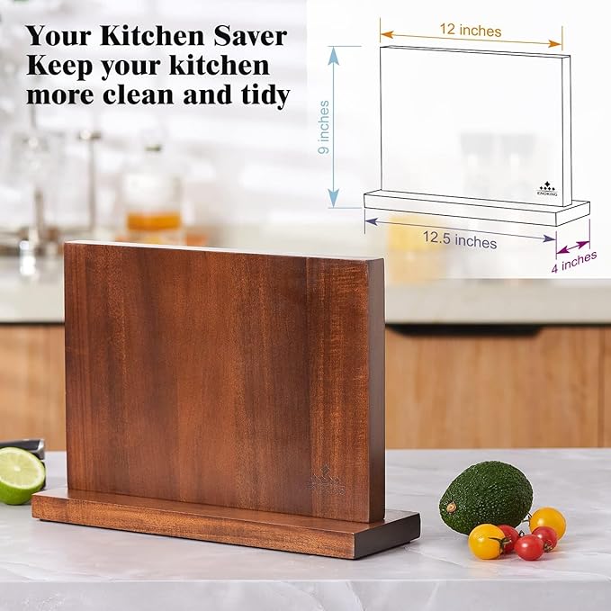 ENOKING Magnetic Knife Block 12.5 x 9 Inches, Double Side Magnetic Knife Holder Built in Three Powerful Magnets Strip, Acacia Wood Universal Knife Storage Organizer for Kitchen Counter