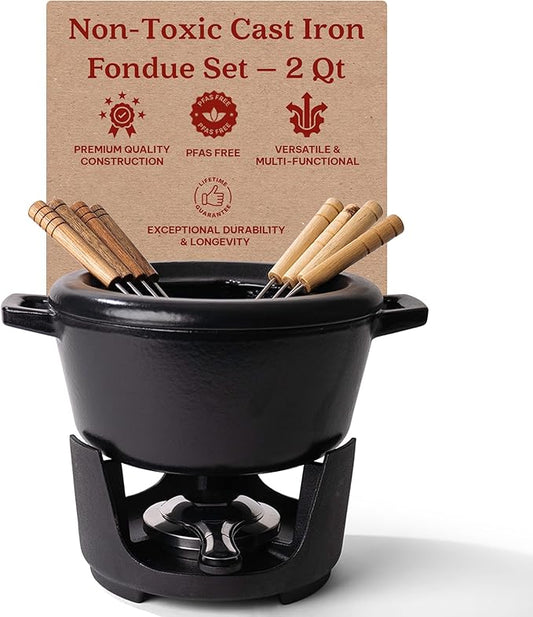 Alva Nori 2 Qt Cast Iron Fondue Set – Enameled, PFAS-Free Pot with Adjustable Burner & 8 Forks – For Cheese, Chocolate, Broth & Meat – Non-Toxic, Scratch-Resistant & Elegant Black Finish