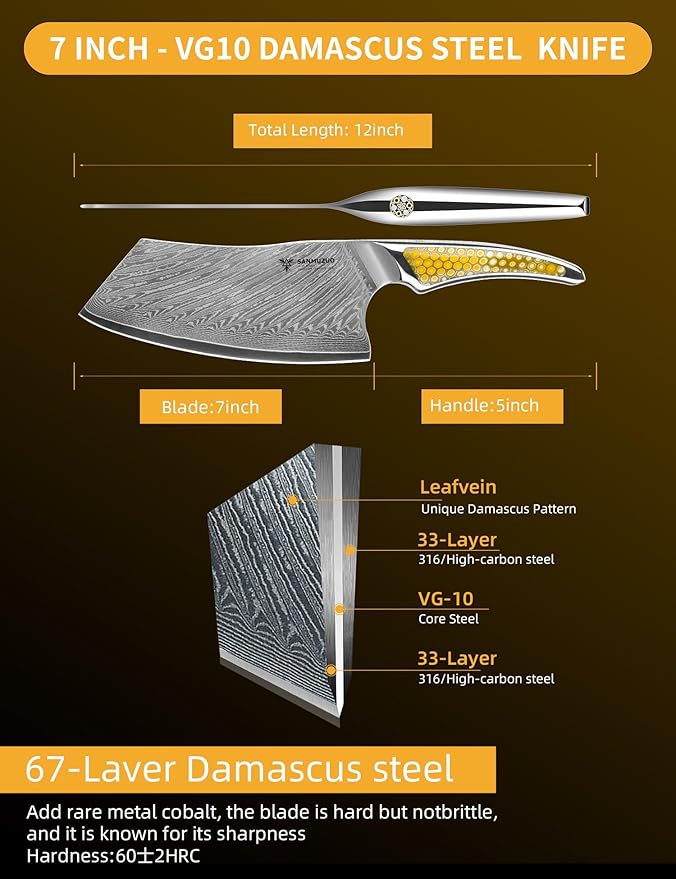 7 inch Nakiri Knife, Japanese VG-10 Damascus Steel Meat Cleaver, Ultra Sharp Vegetable Knife with Full-tang Handle in Yellow Resin, LA-S9 Series