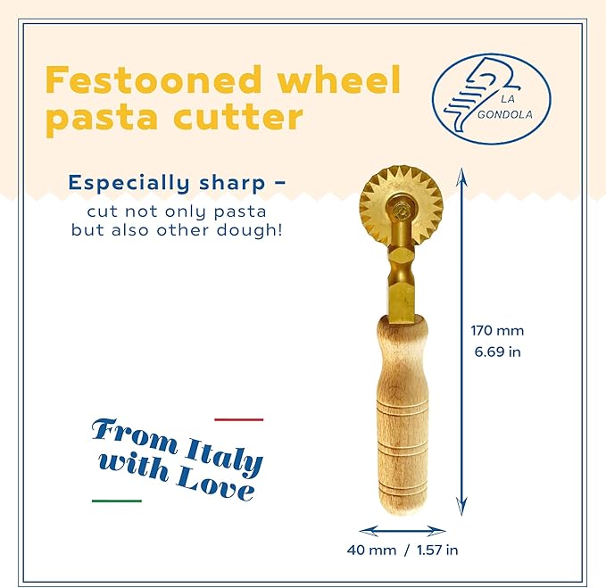 La Gondola Homemade Pasta Cutter - Festooned Wheel | Italian Pasta Making Tool for Home and Business | Brass & Natural Wood | Safe & Easy to Use Pasta Cutting Tool | Ravioli Cutter Made in Italy
