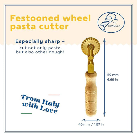 La Gondola Homemade Pasta Cutter - Festooned Wheel | Italian Pasta Making Tool for Home and Business | Brass & Natural Wood | Safe & Easy to Use Pasta Cutting Tool | Ravioli Cutter Made in Italy