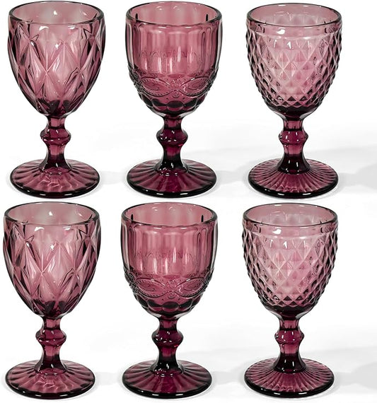Vintage Wine Glasses Set of 6, 8 OZ Colored Glass Water Goblets, Embossed Floral Decorative Crystal Glass Cups Set, Dishwasher Safe, for Wedding, Party, Red Wine Glass, Bars, Restaurants