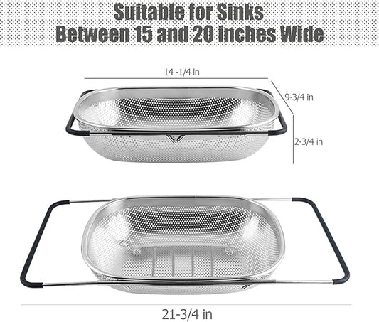Over The Sink Strainer Stainless Steel Colander 5 Quart Basket with Expandable Rubber Grip Handles for Kitchen Sink - Strain, Drain, Rinse Fruits, Vegetables, Pasta, New Home Essentials