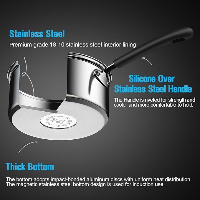 Cook N Home Saucepan Sauce Pot with Lid 3 Quart Stainless Steel, Stay Cool Handle, silver