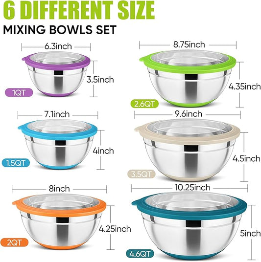 P&P CHEF Multicolor Mixing Bowls Set of 6, Stainless Steel Mixing Bowl with Visible Lids for Salad, Metal Nesting Serving Bowls for Kitchen Cooking Prepping Storing Food, 4.6/3.5/2.6/2/1.5/1 QT