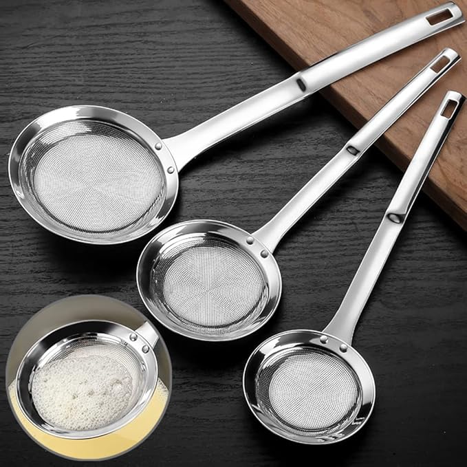 Sieve Fine Mesh Strainer Set Stainless Steel Metal Flat Cooking Skimmer Ladle Colander With Handle Food Strainer Kitchen Tools For Kitchen Baking Oil Filter Flour Sifter Foam,L M Small 3Pack