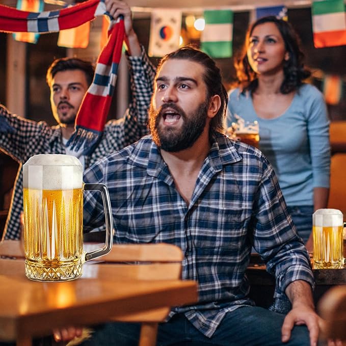 Beer Mug Set of 2, 20oz Crystal Beer Glasses with Handle, Glass Beer Mugs for Freezer, Gifts for Men