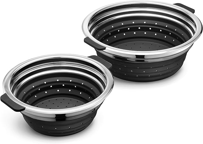 HexClad 2-Piece Steamer Basket Set for Steaming and Draining, Fits HexClad's 3 and 8Qt Pots, Dishwasher-Safe, Space-Saving Design, Heat-Safe to 425ºF, Non-Slip Handles, Silicone and Stainless Steel