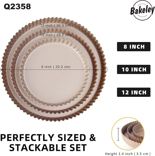 Tart Pan Set, 3 Nonstick Round Quiche Pan, 12 Inch, 10 Inch, 8 Inch Fruit Tart Pan, Flueted Pie Pan Solid Bottom (Champagne Gold)
