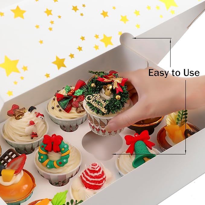 15 Packs Christmas Cupcake Boxes 12 Count, 13x10x3.5 Inch Gold Star Cupcake Containers with Clear Window, Auto-Pop Up Cupcake Carrier with Inserts for Cup Cake, Cupcake Holder for Cookies and Pastry