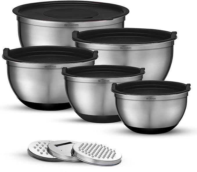 Mixing Bowls with Airtight Lids - 8PCS Stainless Steel Nesting Mixing Bowls Set with 3 Grater Attachments & Non-Slip Bottoms, Black Kitchen Bowls, Sizes 5, 4, 3.5, 2, 1.5QT for Baking & Kitchen Gift