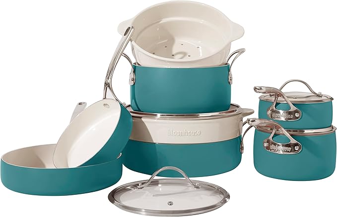 Bloomhouse 12 Piece Aluminum Pots and Pans Cookware Set w/Non-toxic Ceramic Non-stick, Ceramic Steamer Insert, & 12 Protective Care Bags - Agave Blue