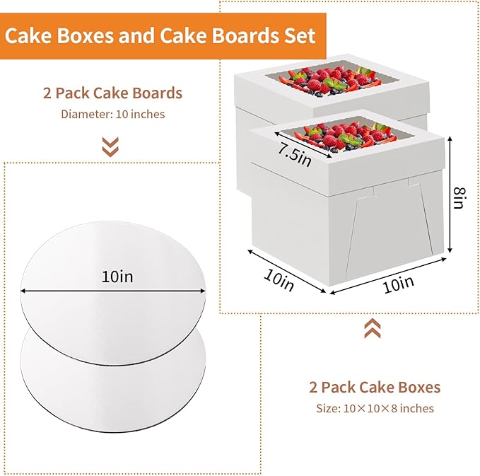 WINKIO 10 Inch Cake Box with Cake Boards, 2 Pack Disposable Cake Carrier, Cakes Transport Container, White Bakery Holder with Window, for Cookies Pies Cupcakes Pastry (10×10×8 Inches)