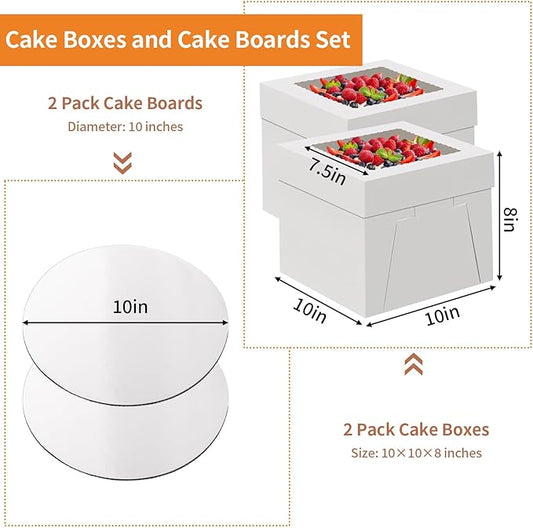 WINKIO 10 Inch Cake Box with Cake Boards, 2 Pack Disposable Cake Carrier, Cakes Transport Container, White Bakery Holder with Window, for Cookies Pies Cupcakes Pastry (10×10×8 Inches)