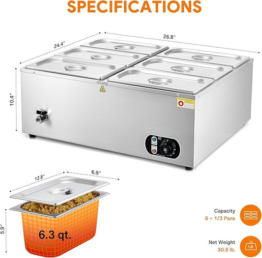 WILPREP Double-Well Commercial Food Warmer with Six 1/3 Pans, Electric Warmer for Food with Adjustable Temp & Automatic Shutoff, Stainless Steel Food Heating Unit for Buffet Food Truck Hotel More