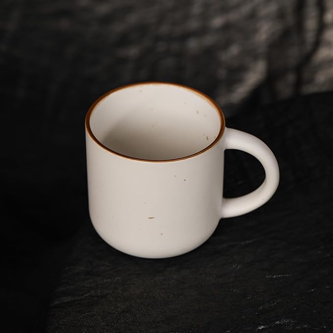 Stoneware White Coffee Mug, 12oz, Speckled Design, Rustic Brown Rim, Handmade