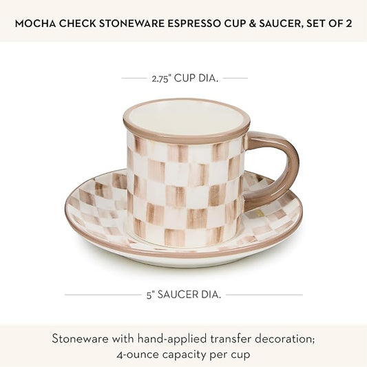 MACKENZIE-CHILDS Set of 2 Stoneware Espresso Cup and Saucer, Cute Coffee Cups, Brown-and-White Mocha Check