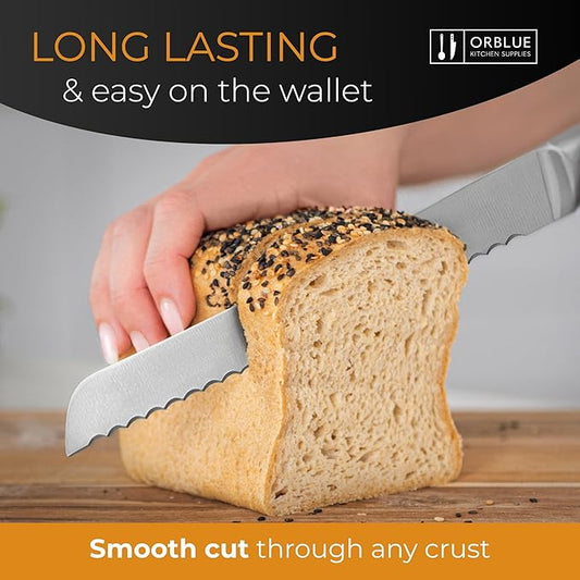 Orblue Serrated Bread Knife Ultra-Sharp Stainless Steel Professional Grade Bread Cutter - Cuts Thick Loaves Effortlessly - (8-Inch Blade with 4.9-Inch Handle), Red