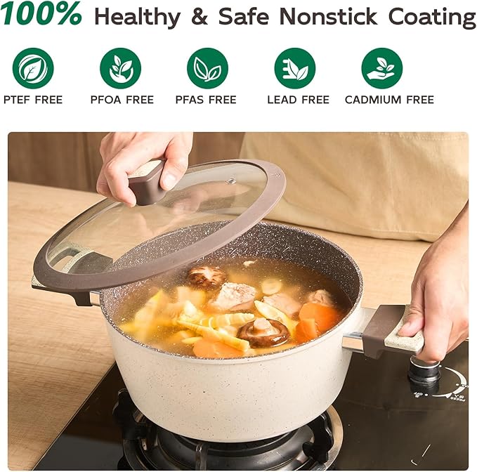 Nonstick Stock Pot with Lid, 4.2 QT Non-toxic Healthy Soup Pot with Stay-Cool Handles, Large Cooking Pot Casserole, PFOA PFAS PTFE Free for Pasta