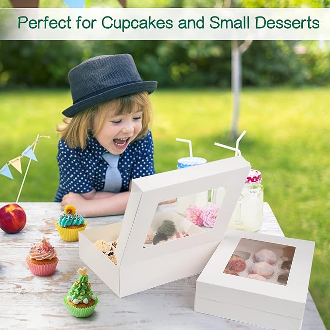 LotFancy Cupcake Boxes 12 Count, 8 Pack, Pre-Folded Cupcake Carrier with Window Holding 96 Cupcakes, Food Grade Cupcake Holders, Disposable Pastry Boxes for Birthday Holiday Party, White