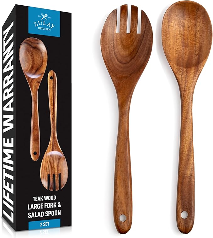 Zulay Kitchen Teak Wood Utensil Set โ 2 Piece Large Wooden Salad Serving Spoon and Fork, Handcrafted Natural Teak Wood Kitchen Utensils, Durable, Nonstick Safe & Smooth Finish