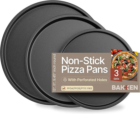Bakken Swiss Pizza Tray Set 3-Piece – Gray Coating, Non-Stick, Round Steel Pizza Pans - Dishwasher Safe, Premium Bakeware for Home Cooking