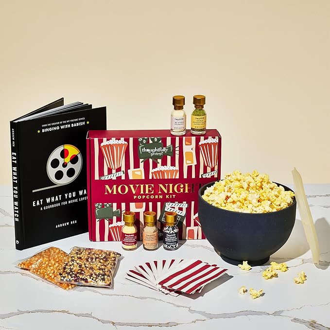 Thoughtfully, Movie Night Popcorn Gift Set with Seasonings, Toppings & Popper – Includes Eat What You Watch Cookbook, Popcorn Kernels, Microwave Popper, Paper Bags